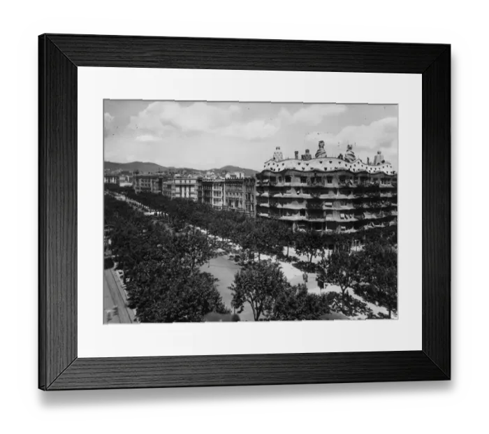 Framed Print : Casa Mila. circa 1920: The tree lined Paseo de Gracia in Barcelona Framed Print : Casa Mila. circa 1920: The tree lined Paseo de Gracia in Barcelona