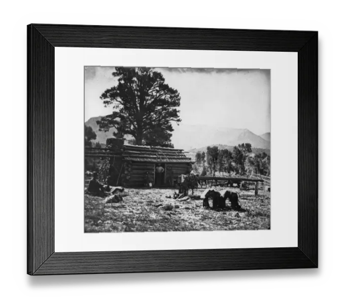 Framed Print : Cabin. circa 1870: A settlers cabin in Rio de la Mancis, North America Framed Print : Cabin. circa 1870: A settlers cabin in Rio de la Mancis, North America