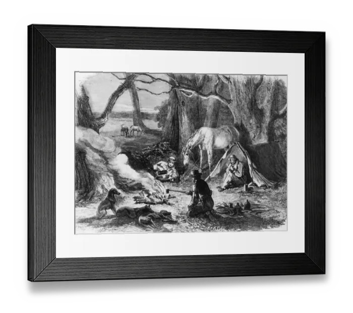Framed Print : Bush Camp. 20th April 1850: Australians rest around their campfire in the Australian bush Framed Print : Bush Camp. 20th April 1850: Australians rest around their campfire in the Australian bush
