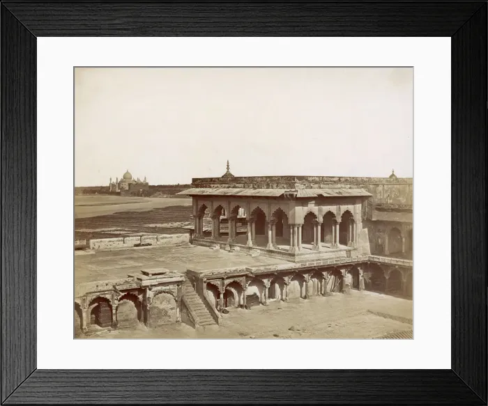Framed Print : Fort Agra. Drwar-Khans in Fort Agra, with the Taj Mahal in the background, circa 1858 Framed Print : Fort Agra. Drwar-Khans in Fort Agra, with the Taj Mahal in the background, circa 1858