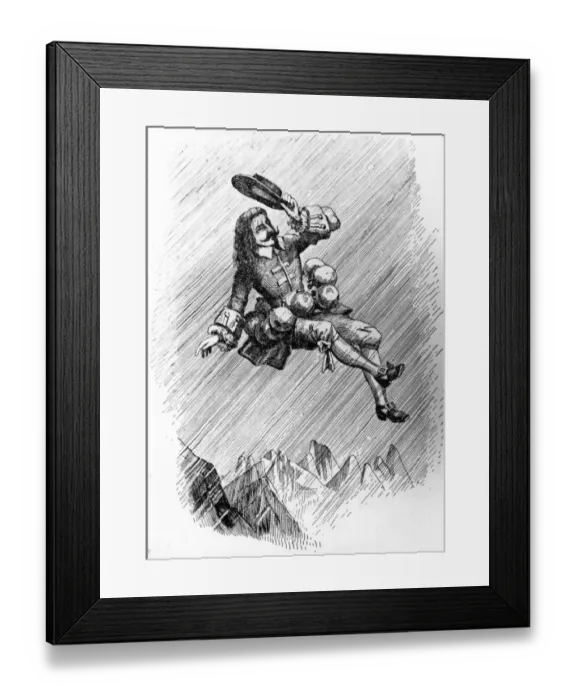 Framed Print : Take Off. Savinien Cyrano de Bergerac (1619 - 1655) as portrayed in one of his comic tales Framed Print : Take Off. Savinien Cyrano de Bergerac (1619 - 1655) as portrayed in one of his comic tales