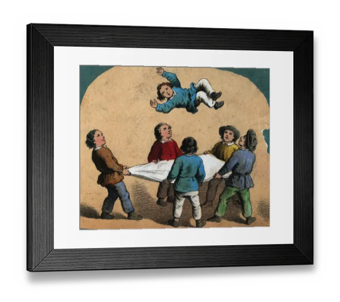 Framed Print : The Bumps. A group of boys using a sheet to toss