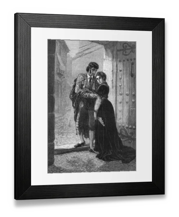 Framed Print : Adios. A Spanish bullfighter bids farewell to his anxious sweetheart before Framed Print : Adios. A Spanish bullfighter bids farewell to his anxious sweetheart before