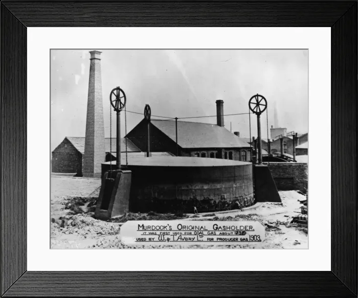 Framed Print : Gasholder. 1903: Murdocks original gasholder, precursor to the modern gasometer Framed Print : Gasholder. 1903: Murdocks original gasholder, precursor to the modern gasometer