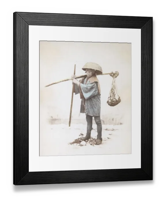 Framed Print : Coolie. A Japanese coolie or unskilled labourer carrying a rod of bamboo, circa 1865 Framed Print : Coolie. A Japanese coolie or unskilled labourer carrying a rod of bamboo, circa 1865