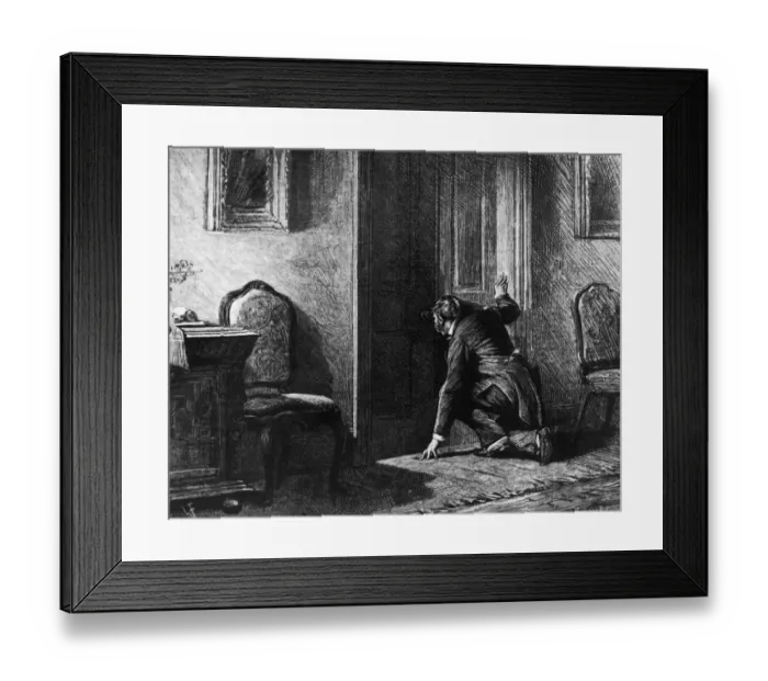 Framed Print : I Spy. A spy peering through a keyhole, circa 1860 Framed Print : I Spy. A spy peering through a keyhole, circa 1860