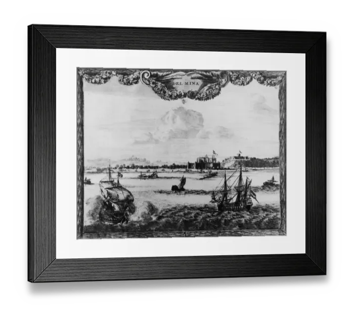 Framed Print : Del Mina. circa 1600: The coastal trading town of Elmina in Ghana Framed Print : Del Mina. circa 1600: The coastal trading town of Elmina in Ghana