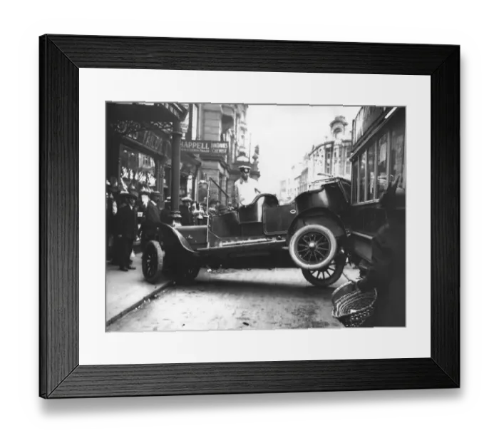 Framed Print : Car Crash. 1910: A car blocks the road after being involved in an accident in Swansea Framed Print : Car Crash. 1910: A car blocks the road after being involved in an accident in Swansea