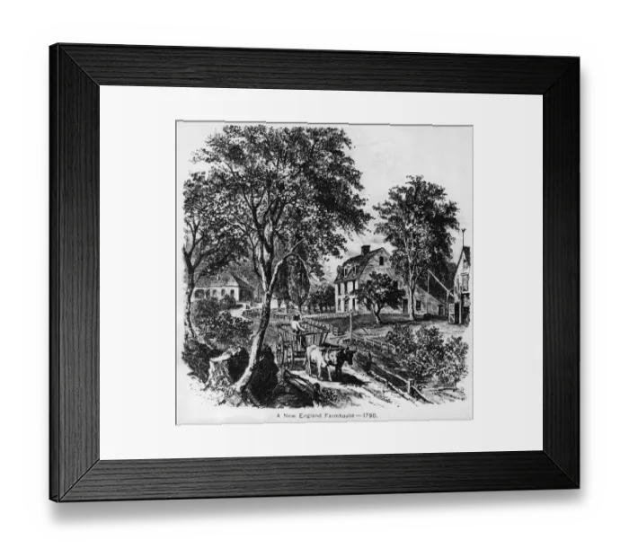 Framed Print : Farmstead. 1790: An ox cart drives down a tree lined road past a New England farmhouse Framed Print : Farmstead. 1790: An ox cart drives down a tree lined road past a New England farmhouse