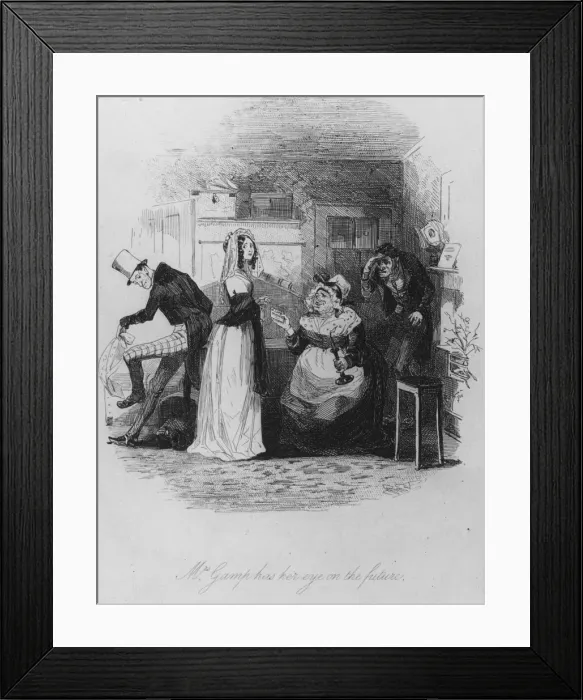 Framed Print : Mrs Gamp. circa 1843: Mrs Gamp has her eye on the future Framed Print : Mrs Gamp. circa 1843: Mrs Gamp has her eye on the future