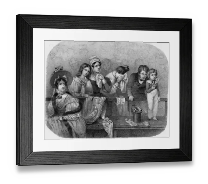 Framed Print : Sad Drama. circa 1845: A family enjoying a good cry at the theatre Framed Print : Sad Drama. circa 1845: A family enjoying a good cry at the theatre