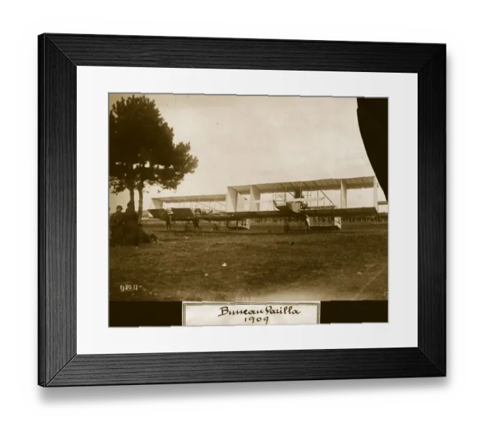 Framed Print : Air Meet. circa 1909: Two biplane boxkites of Farman-Voisin influence guarded Framed Print : Air Meet. circa 1909: Two biplane boxkites of Farman-Voisin influence guarded