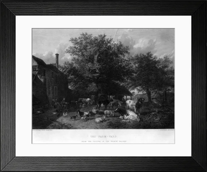 Framed Print : Farmyard. circa 1835: A farmyard filled with farm animals Framed Print : Farmyard. circa 1835: A farmyard filled with farm animals