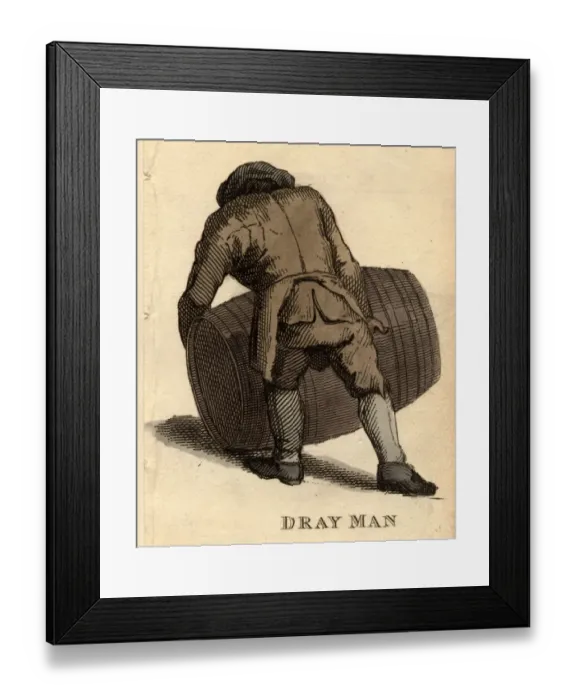 Framed Print : Dray Man. circa 1850: A dray man rolling a barrel of beer Framed Print : Dray Man. circa 1850: A dray man rolling a barrel of beer