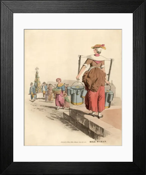 Framed Print : Milk Maid. 1st May 1805: A street trader selling milk from pails in the market place Framed Print : Milk Maid. 1st May 1805: A street trader selling milk from pails in the market place