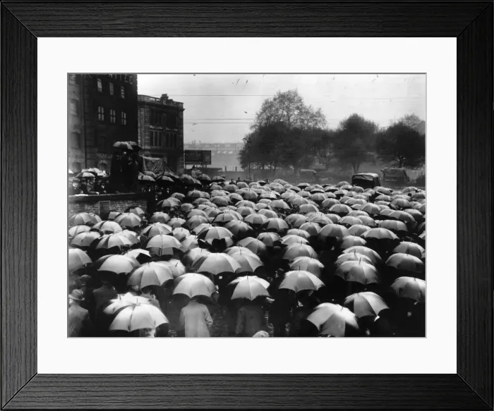 Framed Print : Wet Demo. May 1914: A sea of umbrellas, during a peace demonstration against the war Framed Print : Wet Demo. May 1914: A sea of umbrellas, during a peace demonstration against the war