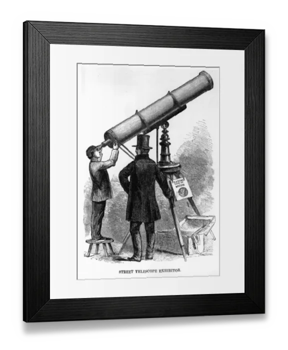 Framed Print : Hawker. circa 1865: A street telescope exhibitor and potential customer viewing the moon, Framed Print : Hawker. circa 1865: A street telescope exhibitor and potential customer viewing the moon,