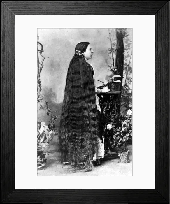 Framed Print : Long Hair. circa 1890: A lady with hair to her feet Framed Print : Long Hair. circa 1890: A lady with hair to her feet