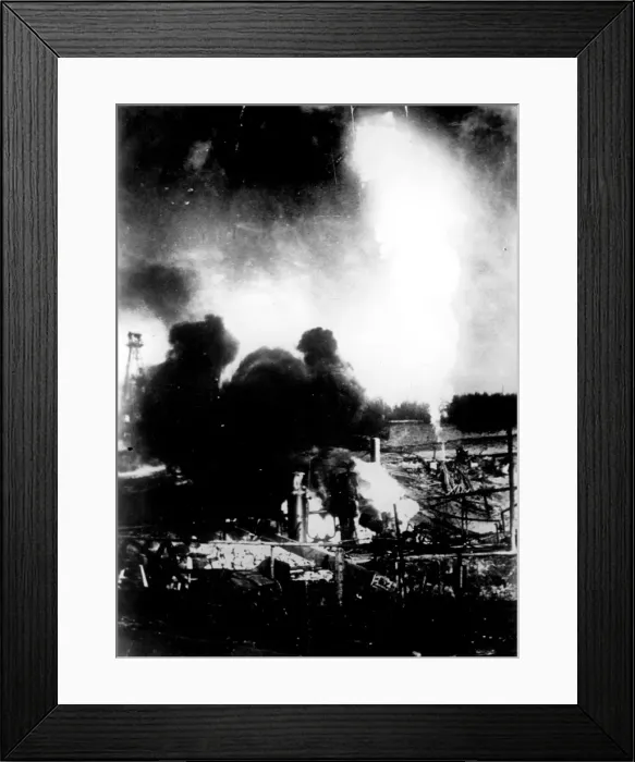 Framed Print : Well Fire. circa 1910: An oil well alight in Romania Framed Print : Well Fire. circa 1910: An oil well alight in Romania