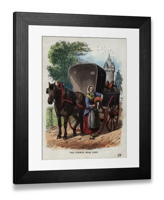 Framed Print : Milk Cart. circa 1820: A woman selling milk from a cart Framed Print : Milk Cart. circa 1820: A woman selling milk from a cart