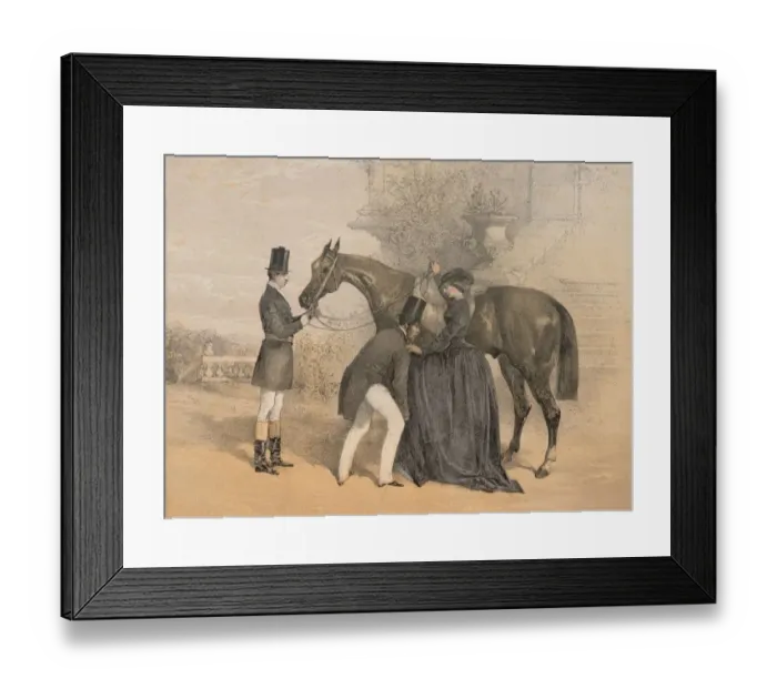 Framed Print : Mounting. 1857: One man holds the horses head while another helps a Victorian Framed Print : Mounting. 1857: One man holds the horses head while another helps a Victorian