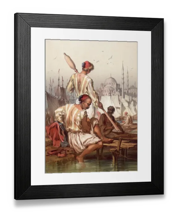 Framed Print : Istanbul. circa 1800: Turkish boatmen in the harbour of Constantinople Framed Print : Istanbul. circa 1800: Turkish boatmen in the harbour of Constantinople