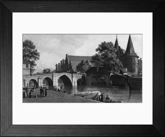 Framed Print : Lubeck. circa 1800: The Holstein Bridge over the River Trave in Lubeck Framed Print : Lubeck. circa 1800: The Holstein Bridge over the River Trave in Lubeck