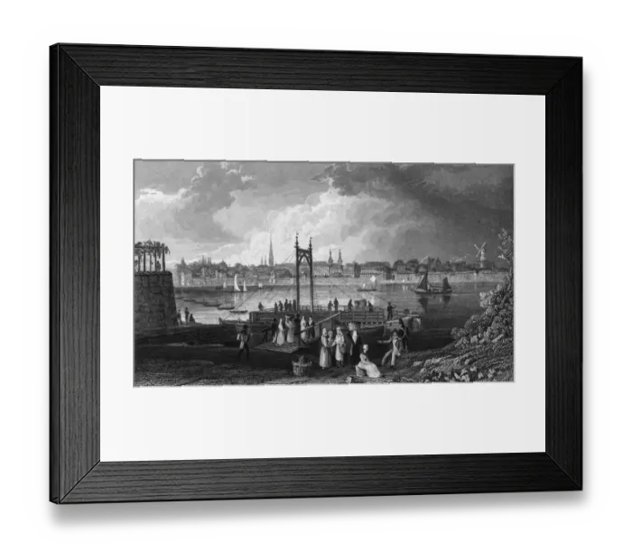 Framed Print : Bonn. circa 1800: People on a jetty in Bonn on the River Rhine Framed Print : Bonn. circa 1800: People on a jetty in Bonn on the River Rhine
