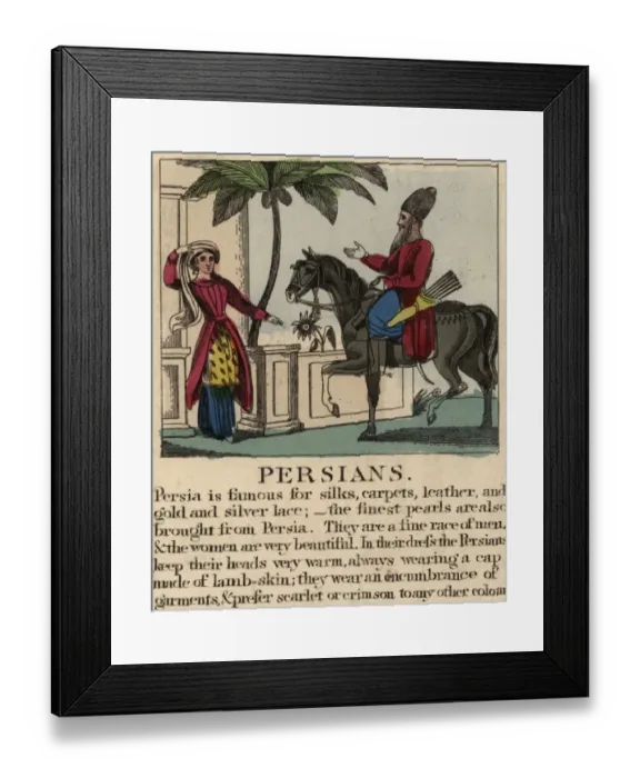Framed Print : Persians. circa 1800: A Persian man riding a horse is greeted by a young lady Framed Print : Persians. circa 1800: A Persian man riding a horse is greeted by a young lady