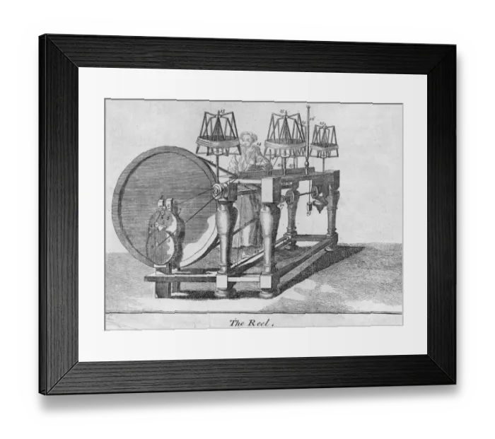 Framed Print : The Reel. circa 1800: A factory worker operates a machine for guiding wool