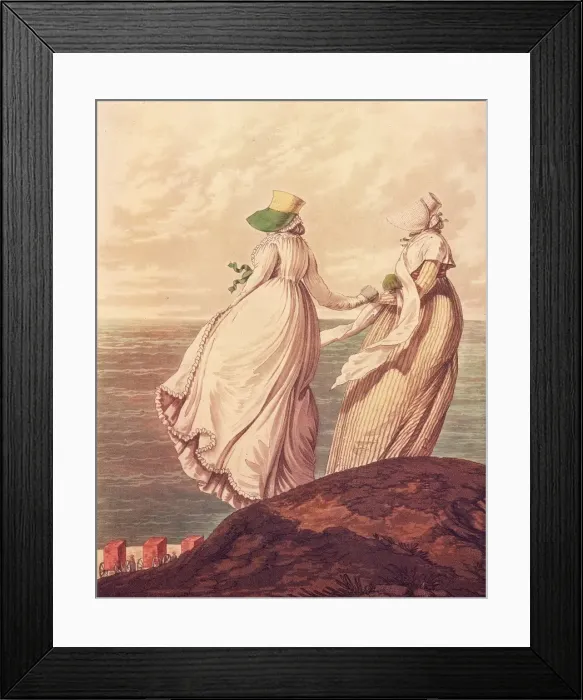 Framed Print : Blowy Day. Womens seaside morning dress. Two late 18th century women in Framed Print : Blowy Day. Womens seaside morning dress. Two late 18th century women in