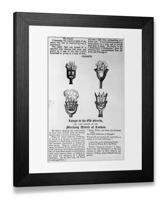 Framed Print : Cressets. Four designs of cressets used for street lamps, Framed Print : Cressets. Four designs of cressets used for street lamps,