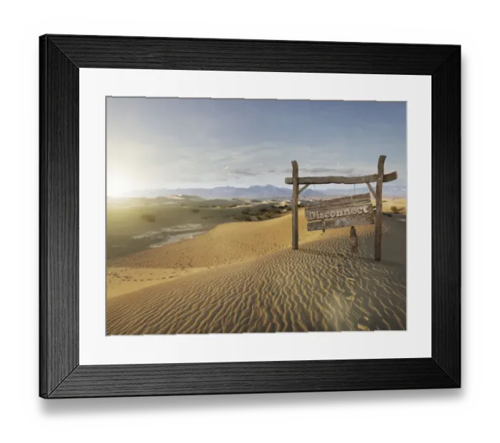 Framed Print : disconnect wooden sign in the desert Framed Print : disconnect wooden sign in the desert