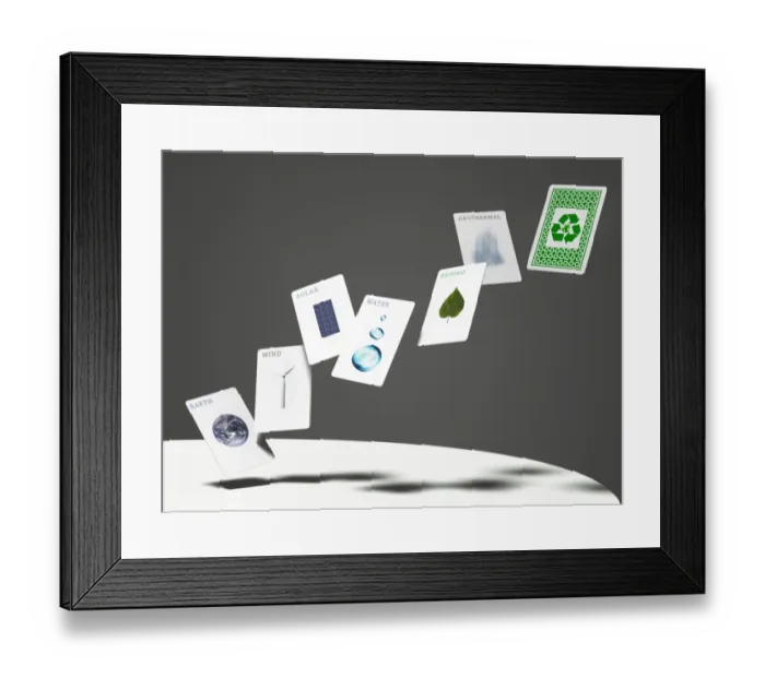 Framed Print : Renewable energy playing card in mid-air Framed Print : Renewable energy playing card in mid-air