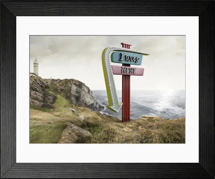 Framed Print : Neon in the cliff with lighthouse