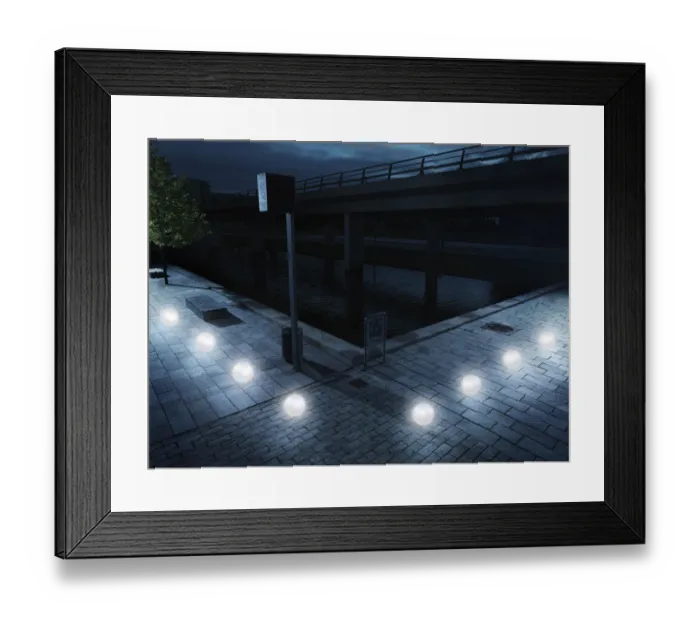 Framed Print : Glowing balls floating in urban scenery Framed Print : Glowing balls floating in urban scenery
