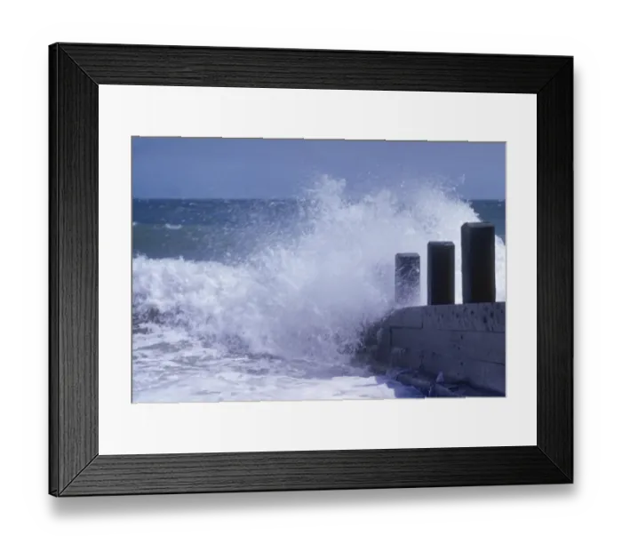 Framed Print : Sea Spray. 1954, A wave breakes on a groyne at the sea side Framed Print : Sea Spray. 1954, A wave breakes on a groyne at the sea side