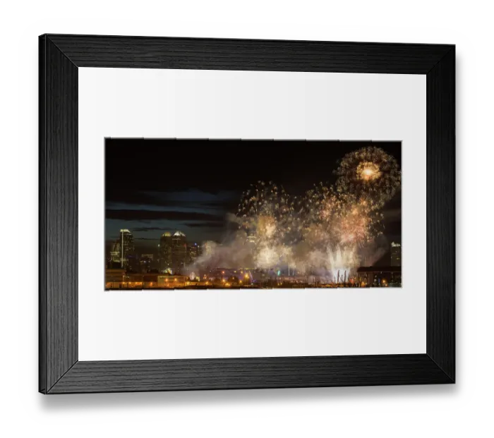 Framed Print : Fireworks in front of modern city skyline Framed Print : Fireworks in front of modern city skyline