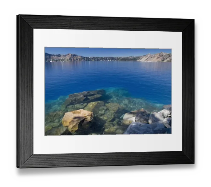 Framed Print : The blue water of crater lake from the shore Framed Print : The blue water of crater lake from the shore