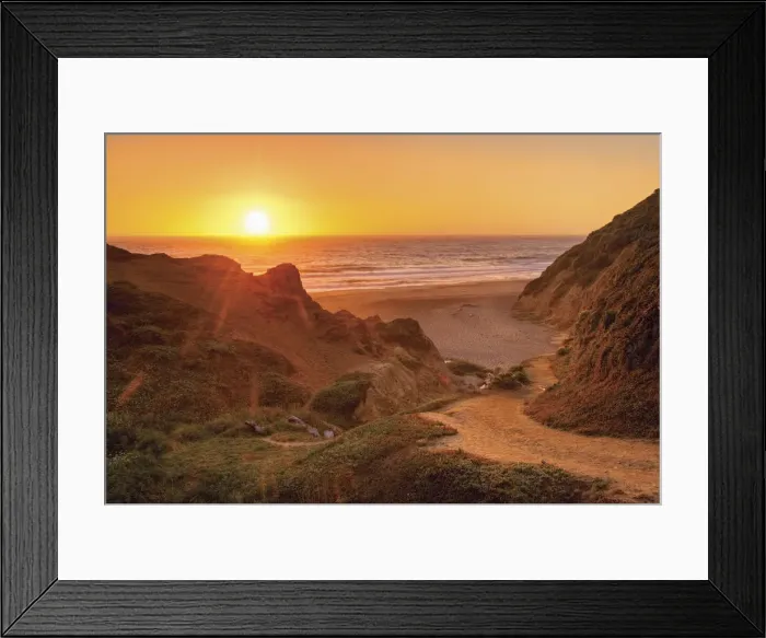 Framed Print : Orange california sunset on the ocean with trail down to a beach Framed Print : Orange california sunset on the ocean with trail down to a beach