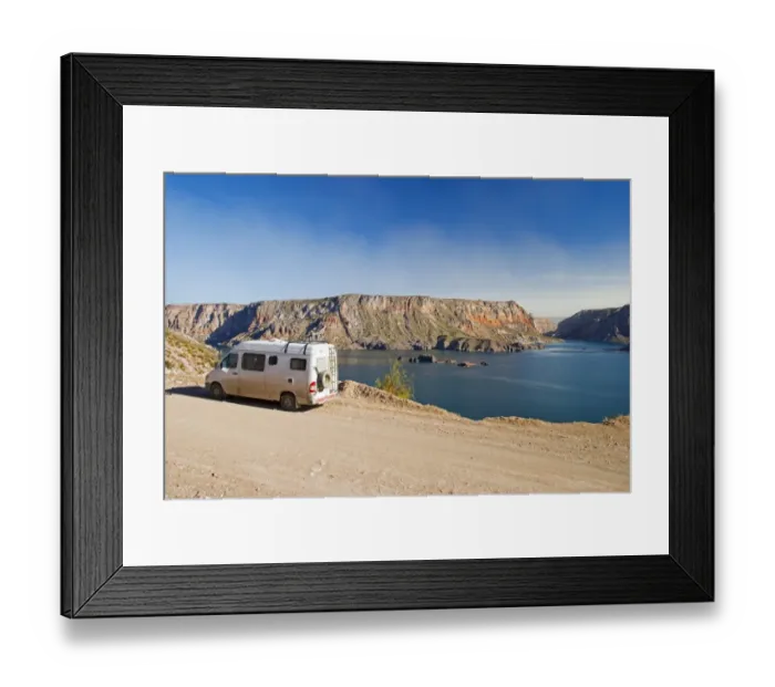 Framed Print : A Camper Van Parked Beside The Lake In Canon Del Atuel