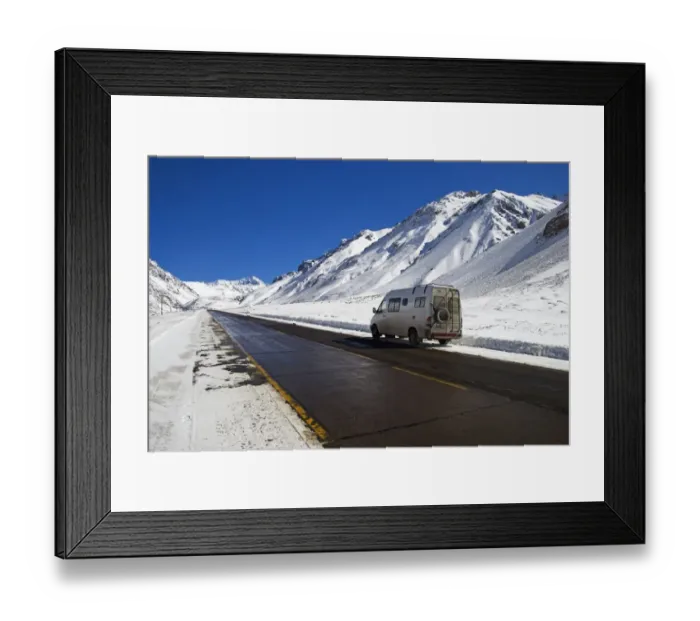 Framed Print : a camper van on the side of a road in parque provincial aconcagua in winter Framed Print : a camper van on the side of a road in parque provincial aconcagua in winter