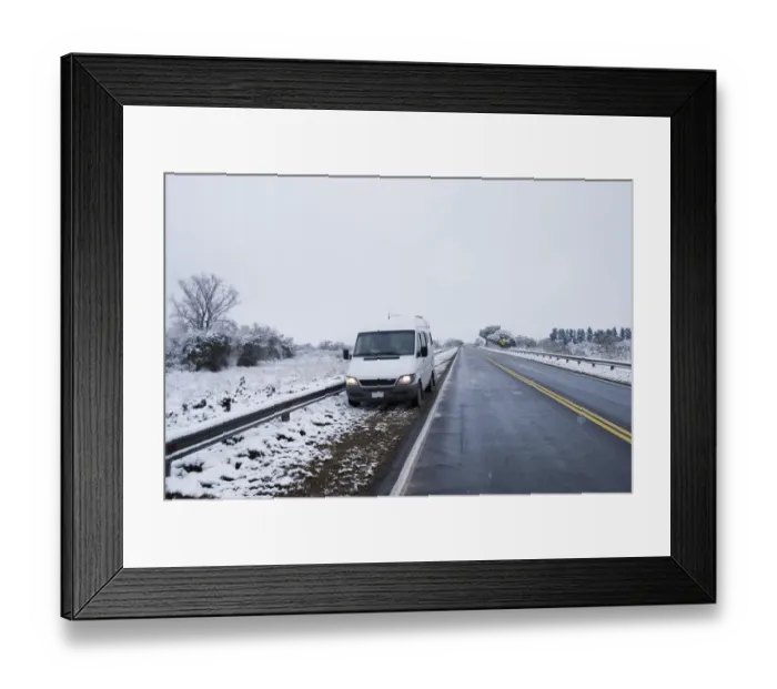Framed Print : camper van stopped on the side of a snowy road near tucuman Framed Print : camper van stopped on the side of a snowy road near tucuman