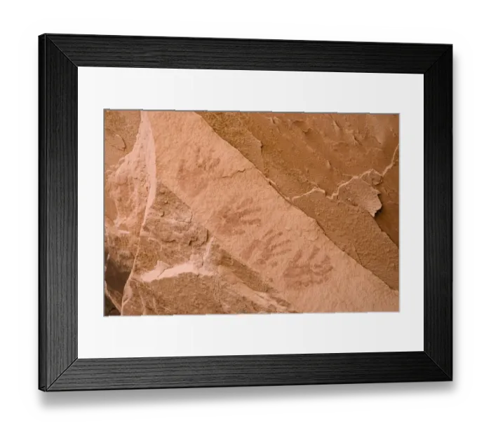Framed Print : Ancient Indian Handprints On A Red Sandstone Cliff Framed Print : Ancient Indian Handprints On A Red Sandstone Cliff