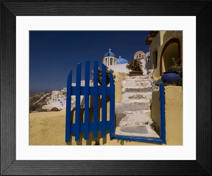 Framed Print : Blue gate, Santorini, Greece Framed Print : Blue gate, Santorini, Greece