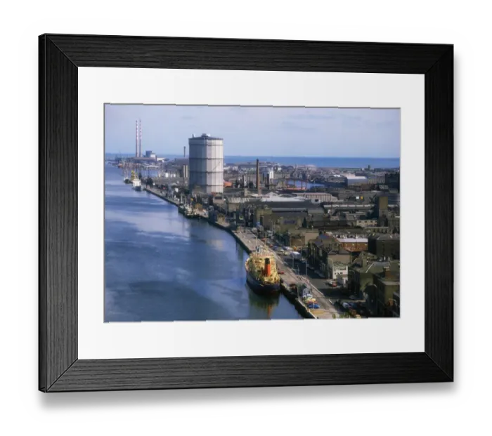 Framed Print : Historic Dublin - Aerial, River Liffey and Gasometer, Ireland Framed Print : Historic Dublin - Aerial, River Liffey and Gasometer, Ireland