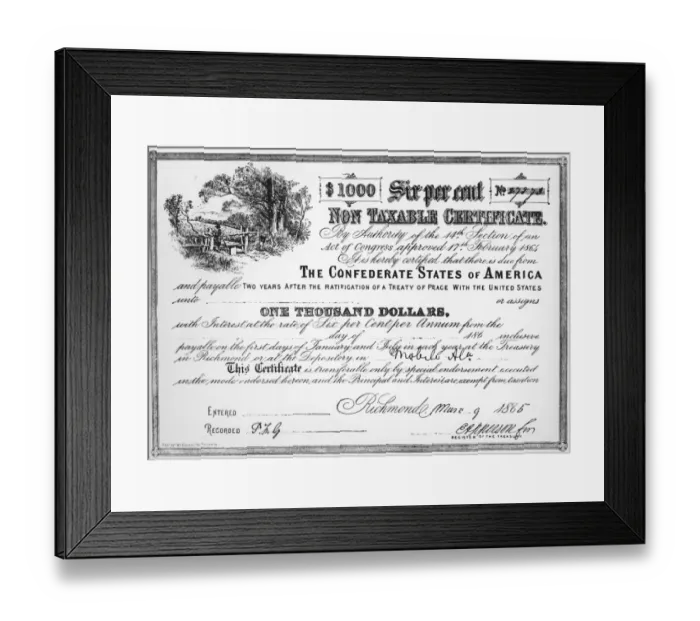 Framed Print : Bond. A bond from the Confederate States for one thousand dollars issued Framed Print : Bond. A bond from the Confederate States for one thousand dollars issued