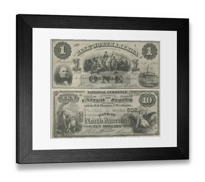 Framed Print : Currency. One dollar and ten dollar bill from the Bank of North America Framed Print : Currency. One dollar and ten dollar bill from the Bank of North America