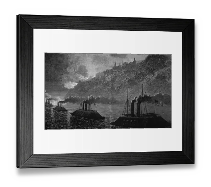 Framed Print : Gunboats. An engraving of gunboats passing through Vicksburg Framed Print : Gunboats. An engraving of gunboats passing through Vicksburg