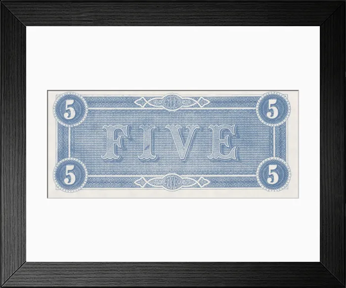 Framed Print : Bank Note. A Photograph of the back of a Five Dollar Bank Note issued on February 17, 1864 Framed Print : Bank Note. A Photograph of the back of a Five Dollar Bank Note issued on February 17, 1864